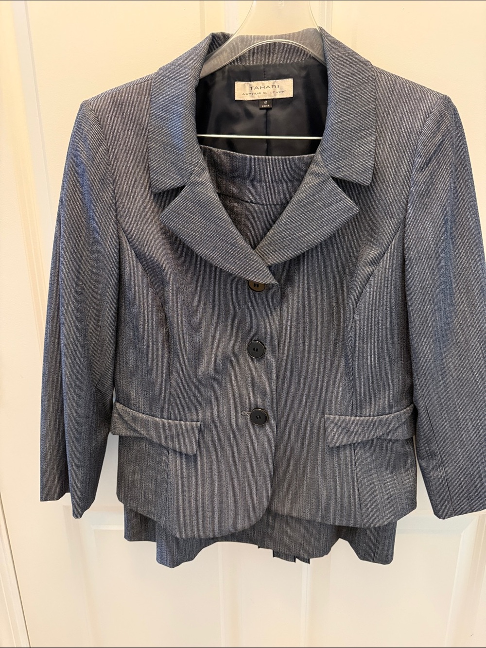Tahari Gray-Blue Pinstriped Women's Blazer and skirt suit